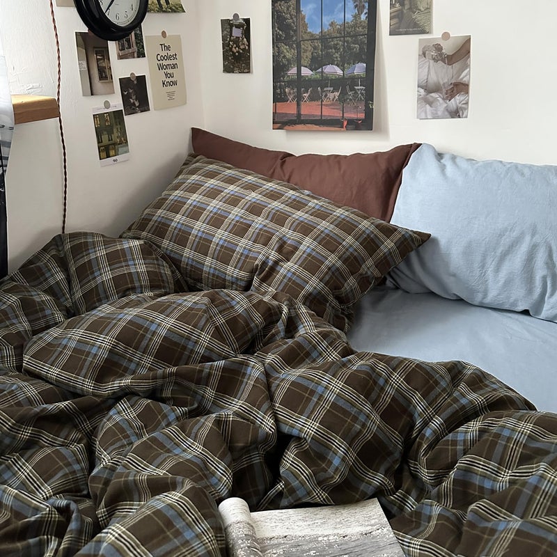 MKXI Cal King Blue, Brown & Green Buffalo Plaid Duvet Cover Set - 3 Piece Vintage Aesthetic Bedding Set, 100% Washed Cotton, Minimalist Design, Soft & Breathable Duvet Cover with Zipper Closure - Image 5